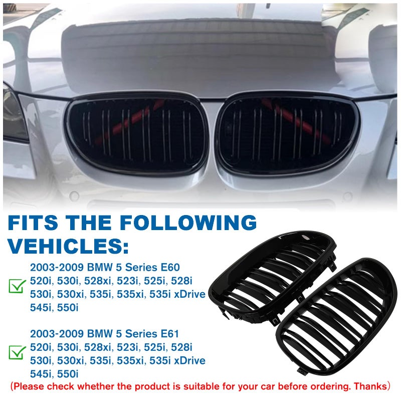 BILLDIO E60 Grille - Front Kidney Grille Double Slats Glossy Black Compatible with 2003-2009 BMW 5 series 520i 523i 525i 528i 530i 535i 550i BMW E60 Black Kidney Grille - Image 4